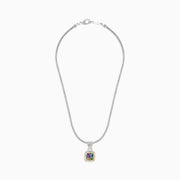 A 925 Sterling Silver & 18K Gold Accent Multi Gemstone Pendant, 1.59 TCW, features a woven chain and a square pendant with purple, yellow, green, and blue stones plus silver beaded details.