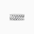 The Mens 925 Sterling Silver Ring features a wide band with a raised, braided center pattern and smooth edges—an elegant addition to any jewelry collection.