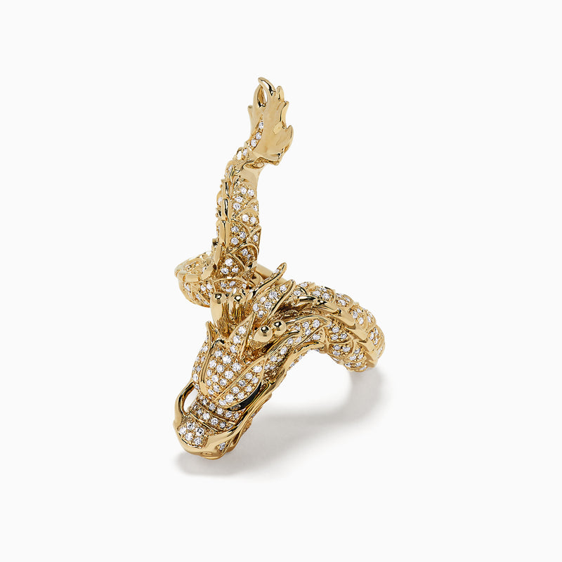 The Safari 14K Yellow Gold Diamond Dragon Ring, 1.08 TCW, features a dragon design adorned with clear diamonds along its body and head and black stones for the eyes, set against a plain white background.
