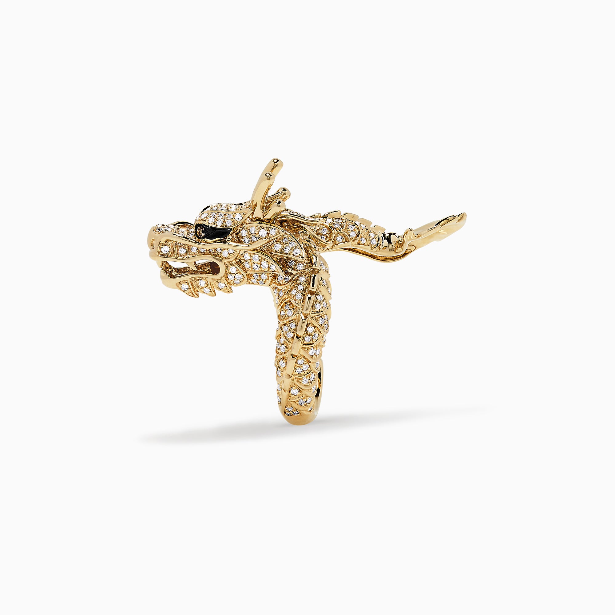 The Safari 14K Yellow Gold Diamond Dragon Ring, 1.08 TCW, features a dragon design adorned with clear diamonds along its body and head and black stones for the eyes, set against a plain white background.
