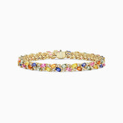 The Watercolors 14K Gold Multi Sapphire & Diamond Bracelet, 11.09 TCW, features a leaf-like design set with marquise-cut sapphires in pink, blue, green, yellow, and orange.