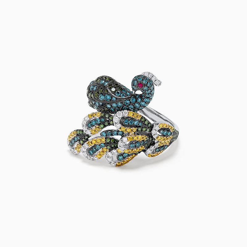 The Safari 14K White Gold Mix Diamonds and Ruby Peacock Ring (1.50 TCW) features a vibrant peacock design with sparkling diamonds and rubies, displayed against a plain white background.