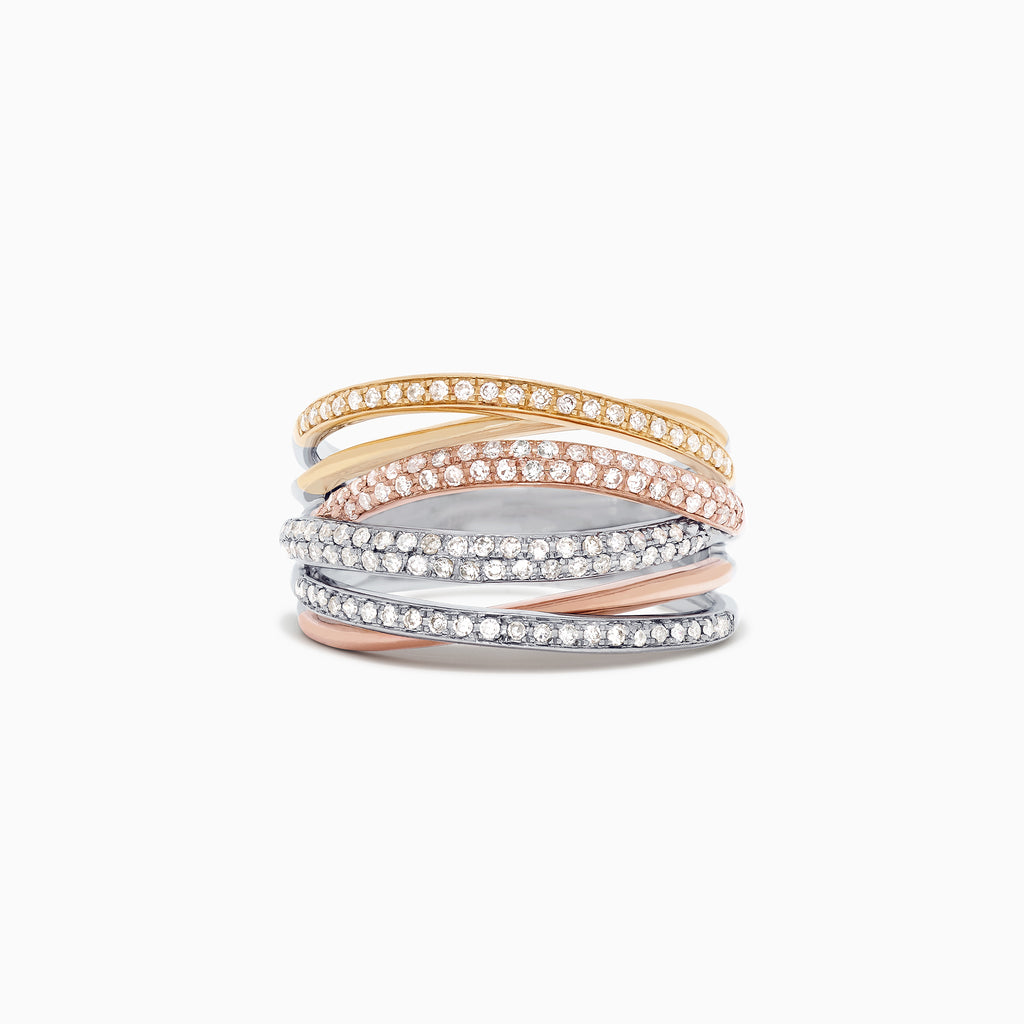 The Trio 14K Tri-Color Gold Pave Diamond Crossover Ring (0.54 TCW) features intertwined yellow, rose, and white gold bands, each sparkling with pave-set diamonds, arranged on a white background.