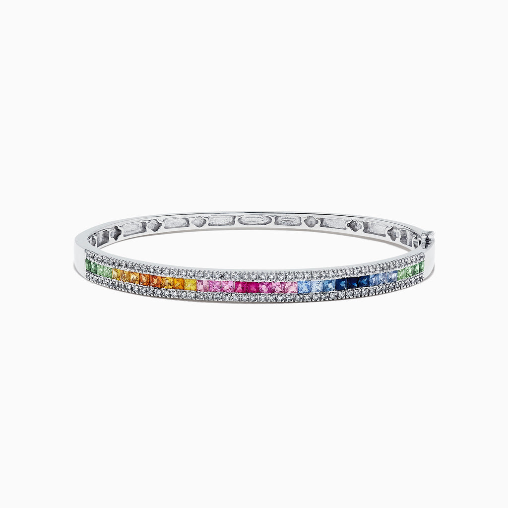 The Watercolors 14K White Gold Multi Sapphire & Diamond Bangle, 3.60 TCW features square-cut multi sapphires set in the center and bordered by sparkling diamonds on both sides.