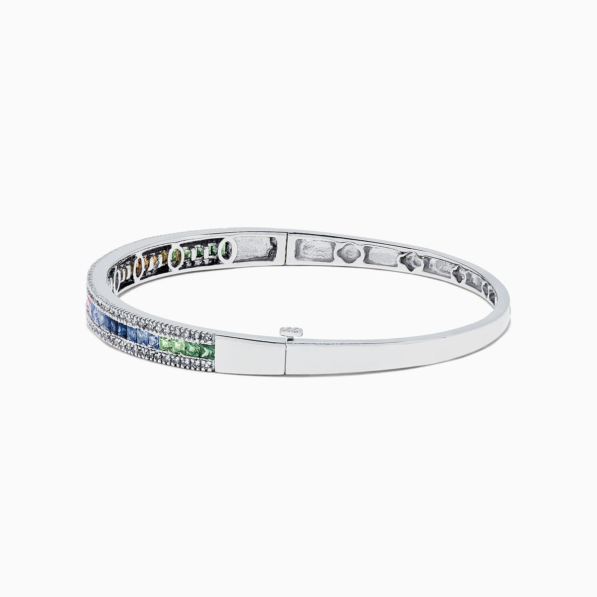 The Watercolors 14K White Gold Multi Sapphire & Diamond Bangle, 3.60 TCW features square-cut multi sapphires set in the center and bordered by sparkling diamonds on both sides.