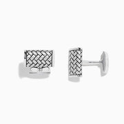 A pair of Mens 925 Sterling Silver Cufflinks with a woven pattern are displayed against a white background, showing one cufflink from the front and the other from the side.