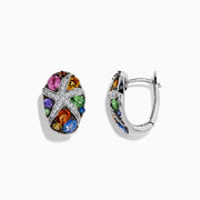 The Watercolors 14K White Gold Multi Sapphire & Diamond Earrings (3.01 TCW) feature a star design with clear diamonds and vibrant sapphires in pink, orange, green, blue, yellow, and purple.