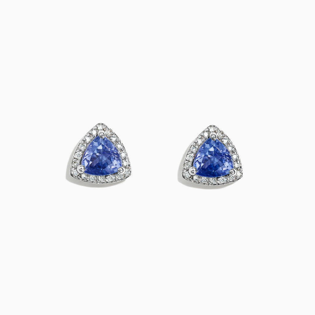 Nahla Siri 14K White Gold Tanzanite and Diamond Stud Earrings, 1.19 TCW, featuring triangular tanzanite gems encircled by diamonds, set in white gold and shown on a white background.