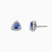 Nahla Siri 14K White Gold Tanzanite and Diamond Stud Earrings, 1.19 TCW, featuring triangular tanzanite gems encircled by diamonds, set in white gold and shown on a white background.
