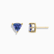 14K yellow gold trillion cut tanzanite stud earrings, 0.65 TCW, each set with a blue gemstone in three prongs and shown against a plain white background.