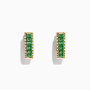 Brasilica 14K Yellow Gold Emerald and Diamond Earrings, 1.53 TCW, feature a row of square green emeralds bordered by small round diamonds, beautifully presented on a white background.