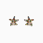 Watercolors 14K Gold Sapphire & Diamond Starfish Stud Earrings (0.76 TCW) featuring a gold outline and scattered green, blue, orange, pink, and white sapphires for a vibrant look.