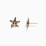 Watercolors 14K Gold Sapphire & Diamond Starfish Stud Earrings (0.76 TCW) featuring a gold outline and scattered green, blue, orange, pink, and white sapphires for a vibrant look.