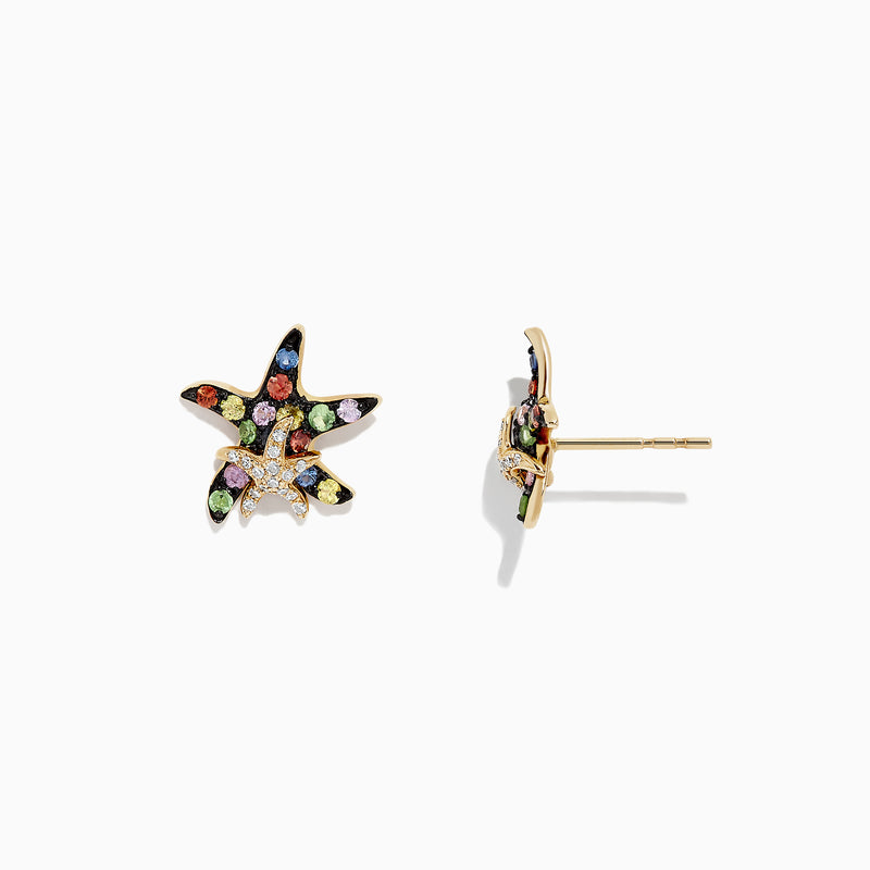 Watercolors 14K Gold Sapphire & Diamond Starfish Stud Earrings (0.76 TCW) featuring a gold outline and scattered green, blue, orange, pink, and white sapphires for a vibrant look.