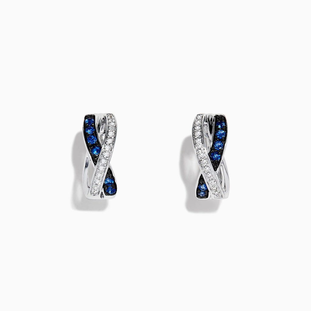 Royale Bleu 14K White Gold Blue Sapphire & Diamond Earrings, 0.33 TCW feature a twisted hoop design with blue sapphires and diamonds in front, displayed against a white background.