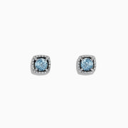 The Aquarius 14K White Gold Aquamarine and Diamond Earrings, 0.88 TCW, feature round aquamarine gems in square diamond halos, presented on a white background.