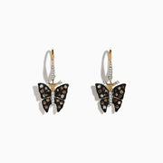 The Nature 14K Yellow Gold Espresso & White Diamond Butterfly Earrings feature black wings with sparkling stones, clear gems on the body and antennas, gold hooks, and a total weight of 0.57 TCW.