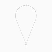 A 14K white gold Pave Classica diamond cross pendant (0.49 TCW) hangs from a delicate chain, showcased against a plain white background.