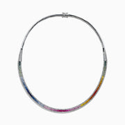The Watercolors 14K White Gold Multi Sapphire & Diamond Necklace (11.31 TCW) showcases a smooth curve set with sapphires in blue, green, pink, red, yellow, and orange shades alongside sparkling diamonds.