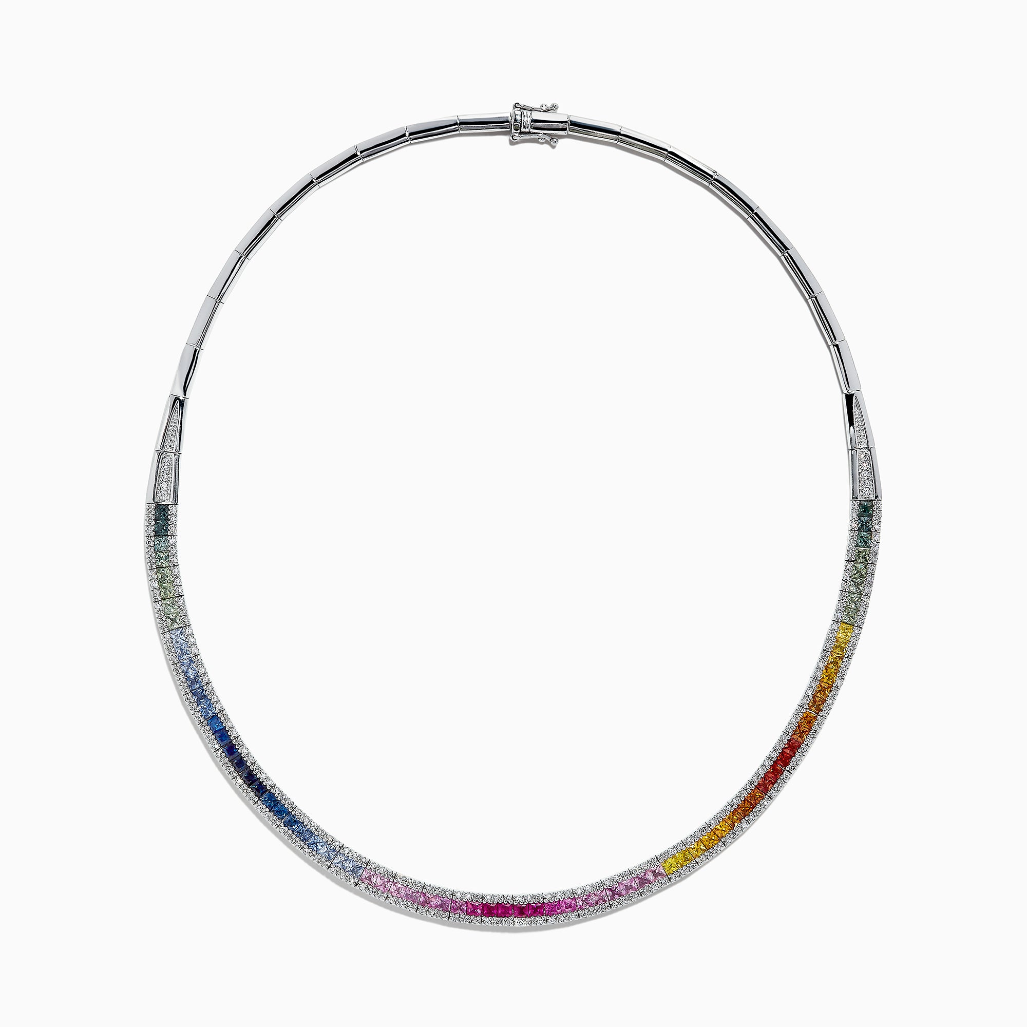 The Watercolors 14K White Gold Multi Sapphire & Diamond Necklace (11.31 TCW) showcases a smooth curve set with sapphires in blue, green, pink, red, yellow, and orange shades alongside sparkling diamonds.
