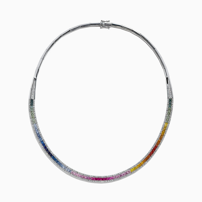 The Watercolors 14K White Gold Multi Sapphire & Diamond Necklace (11.31 TCW) showcases a smooth curve set with sapphires in blue, green, pink, red, yellow, and orange shades alongside sparkling diamonds.
