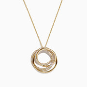 The DOro 14K Yellow Gold Diamond Crossover Circles Pendant (0.41 TCW) features three interlocking circles, two accented with shimmering diamonds, displayed elegantly against a white background.
