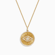 The 14K Yellow Gold Diamond Evil Eye Pendant features a round eye design accented with sparkling diamonds, set against a textured yellow gold background with a beaded edge.