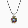 A 925 silver chain necklace featuring a cross-shaped pendant adorned with vibrant multi gemstones, totaling 4.09 TCW, arranged in a strikingly symmetrical design.
