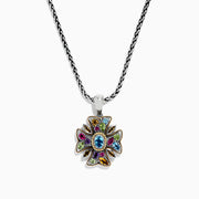 A 925 silver chain necklace featuring a cross-shaped pendant adorned with vibrant multi gemstones, totaling 4.09 TCW, arranged in a strikingly symmetrical design.