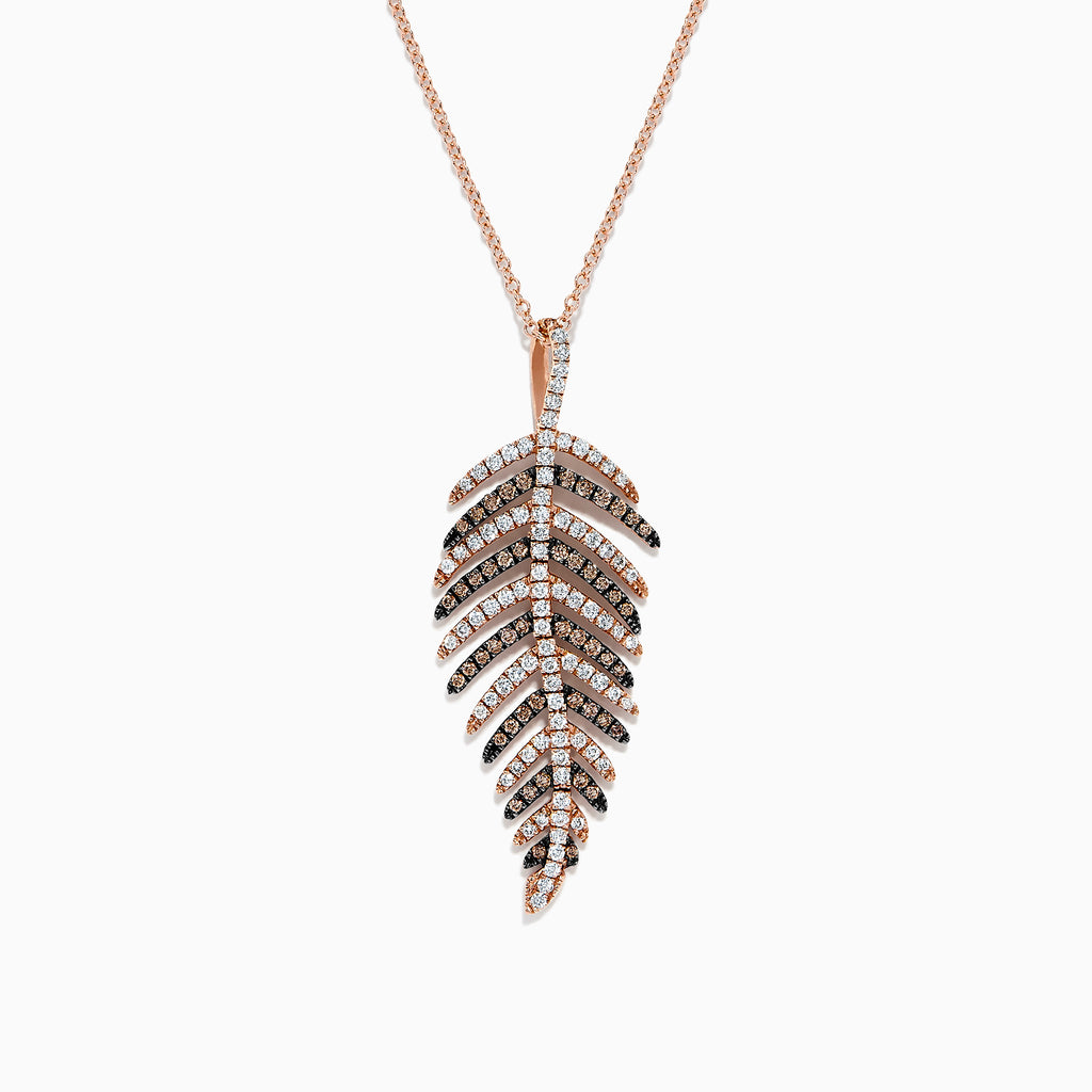 The 14K Rose Gold Brown and White Diamond Pendant, 0.89 TCW, features a leaf-shaped design accented with sparkling white and brown diamonds set along the veins.