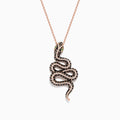 The Safari 14K Rose Gold Diamond and Tsavorite Snake Pendant (1.41 TCW) features a coiled serpent design with diamond and tsavorite eyes, black and white gems along its body, all on a delicate chain.