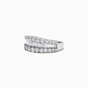 A close-up of the Classique 14K White Gold Diamond Band Ring, 1.55 TCW, showcasing two rows of round diamonds and a center row of baguette-cut diamonds in an elegant, symmetrical design against a white background.