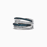 The Bella Bleu 14K White Gold Blue and White Diamond Ring, 0.56 TCW, features intertwined bands set with sparkling blue and white diamonds, beautifully displayed against a white background.