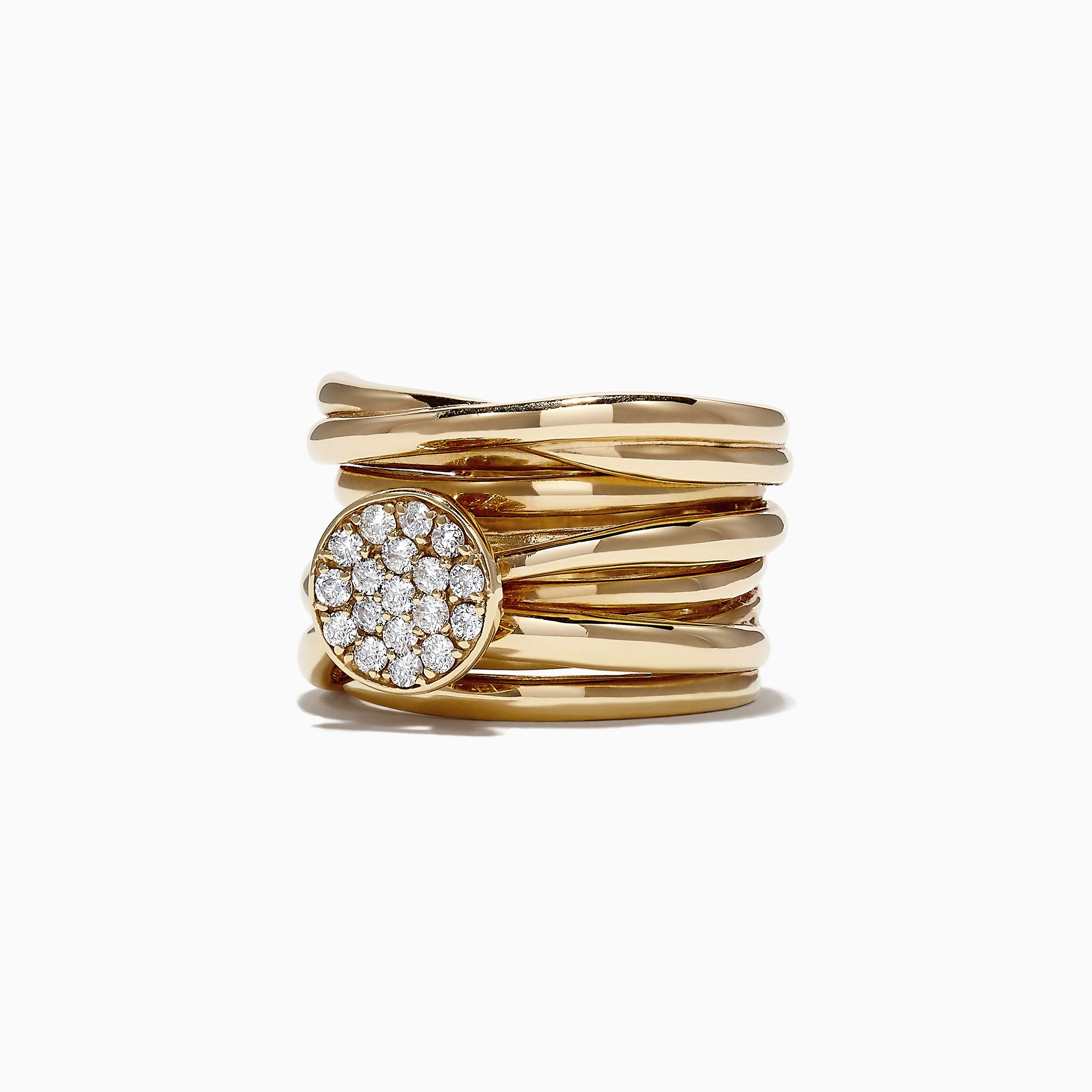 The DOro 14K Yellow Gold Diamond Ring features multiple overlapping bands and a round setting adorned with sparkling white diamonds totaling 0.35 TCW.