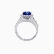 The Nahla Siri 14K White Gold Tanzanite and Diamond Heart Ring, 2.38 TCW, features a heart-shaped blue tanzanite center surrounded by a halo of diamonds and additional diamonds set along the band.