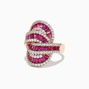 The Ruby Royale 14K Rose Gold Ruby and Diamond Cocktail Ring, 3.78 TCW, features intertwining rows of rectangular pink rubies and round white diamonds in an ornate, overlapping design, shown against a white background.