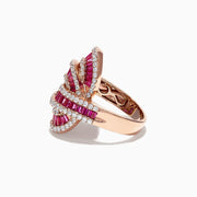 The Ruby Royale 14K Rose Gold Ruby and Diamond Cocktail Ring, 3.78 TCW, features intertwining rows of rectangular pink rubies and round white diamonds in an ornate, overlapping design, shown against a white background.