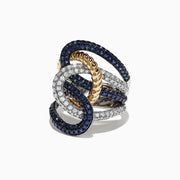 The Royale Bleu 14K 2-Tone Gold Sapphire and Diamond Rope Ring, 2.39 TCW, features interlocking links encrusted with diamonds and sapphires in an intricate, sculptural design against a white background.