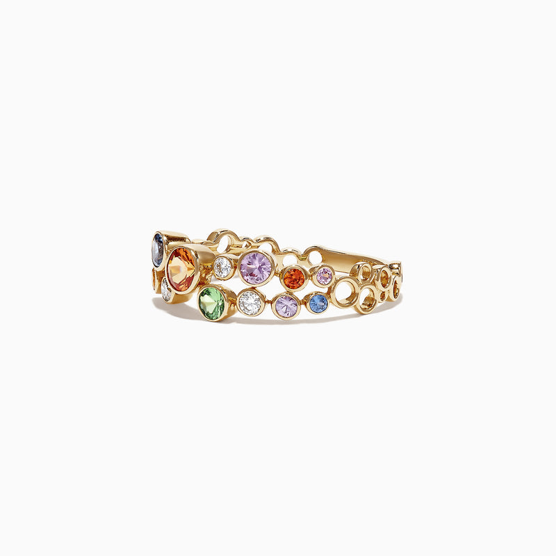 The Watercolors 14K Yellow Gold Multi-Sapphire and Diamond Ring, 1.03 TCW, features scattered blue, orange, green, and purple sapphires with sparkling diamonds in a vibrant design.