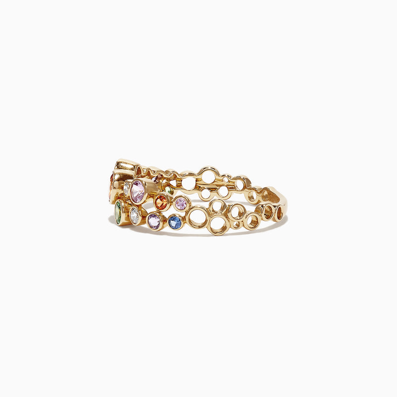 The Watercolors 14K Yellow Gold Multi-Sapphire and Diamond Ring, 1.03 TCW, features scattered blue, orange, green, and purple sapphires with sparkling diamonds in a vibrant design.