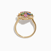 The Watercolors 14K Gold Multi Sapphire and Diamond Ring, 1.91 TCW, features a floral cluster of yellow, blue, pink, green, and orange sapphires with white diamond accents on the flower and band.
