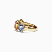 The Watercolors 14K Yellow Gold Multi-Sapphire Diamond Ring (2.81 TCW) showcases five oval sapphires in red, green, yellow, pink, and blue, each surrounded by diamonds and arranged in a row on a white background.