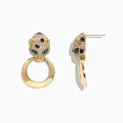 The Signature 14K Yellow Gold Diamond Emerald Panther Earrings, 0.93 TCW, feature leopard head designs with sparkling diamonds and green emerald eyes, each holding a smooth gold hoop in its mouth.