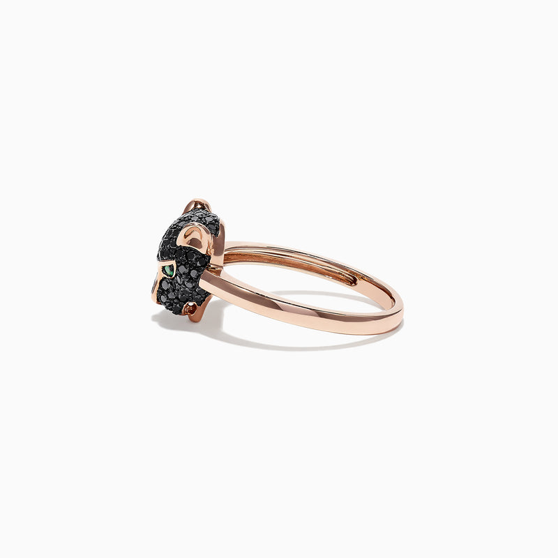 The Signature 14K Rose Gold Black Diamond & Emerald Mini Ring (0.46 TCW) features a panther head design with black diamonds and emerald eyes, shown against a white background.