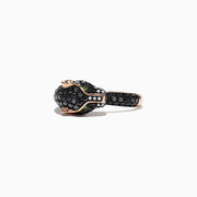 The Signature 14K Gold Black Diamond & Tsavorite Panther Ring, 1.75 TCW, features a sculpted panther head with black diamonds, green gem eyes, and white accents against a plain white background.