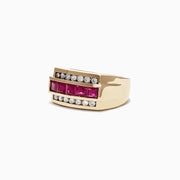 A striking Mens 14K Yellow Gold Diamond Ruby Ring, 2.59 TCW, features a row of square-cut rubies at its center, bordered above and below by two rows of round white diamonds for a bold and elegant look.