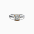 The 925 Sterling Silver & 18K Yellow Gold Accented Diamond Ring, 0.07, features a chevron-patterned band and a rectangular cluster of small diamonds in an 18K gold bezel, showcased against a white background.