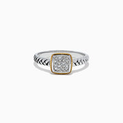 The 925 Sterling Silver & 18K Yellow Gold Accented Diamond Ring, 0.07, features a chevron-patterned band and a rectangular cluster of small diamonds in an 18K gold bezel, showcased against a white background.
