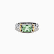 The 925 Sterling Silver and 18K Gold Green Amethyst Ring features a braided band, square-cut green amethyst center (1.75 TCW), and two 18K gold-toned accents flanking the stone.