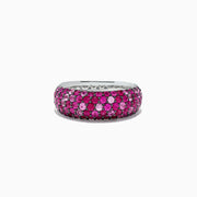 The 925 Sterling Silver Pink Sapphire Splash Ring, 2.43 TCW, features three rows of small, round pink sapphires set closely together around the band.